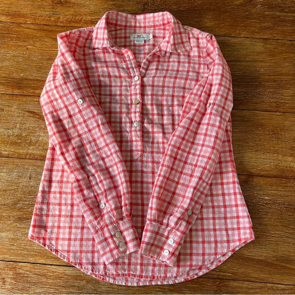 Vineyard Vines Red Pink Gingham Linen Cotton Button Blend Down Shirt Top Size 0 - Picture 12 of 16
